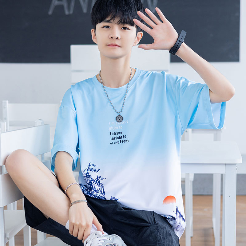 Youth Ice Silk Quick-Drying Short-Sleeved T-Shirt for Men, Gradient Summer 2026 New Style, Junior High School and High School Student Sports Suit