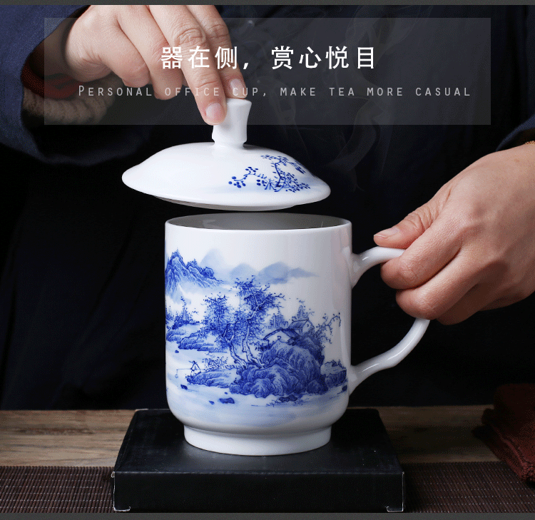 Jingdezhen porcelain tea cups with cover office hand - made landscape mark cup custom tea cup household ceramics