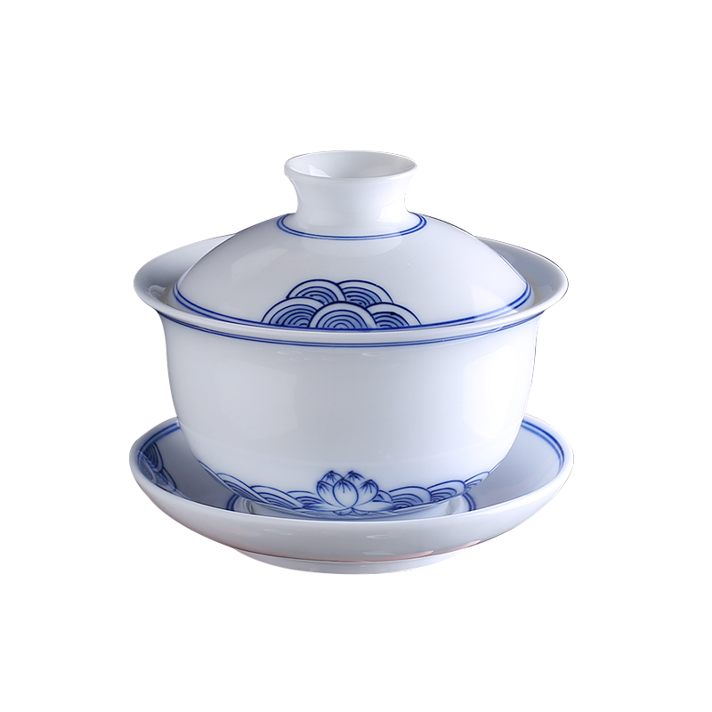 Jingdezhen up the fire which is hand draw Chinese tea tureen single ceramic cups of blue and white porcelain bowl three cups