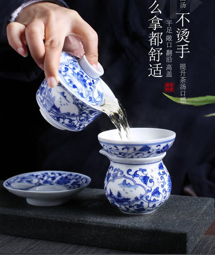 Jingdezhen up the fire which high - grade ceramic kung fu tea set hand - made tureen of blue and white porcelain of a complete set of gift boxes