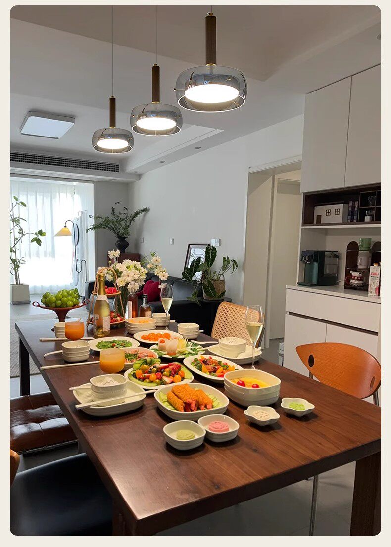 Ресторан люстра 胡桃木餐厅灯吊灯新中式简约家用餐桌玻璃吧台茶室灯三头意式灯具 Other home