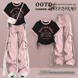 Футболка с короткими рукавами дофаминового плеча для женщин 2024 Новые горячие летние розовые штаны для женщин Топ для женщин