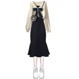 Демисезонная длинная юбка с бантиком, свитер, комплект, платье, французский стиль, городской стиль, крой «рыбий хвост»