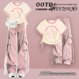 Футболка с короткими рукавами дофаминового плеча для женщин 2024 Новые горячие летние розовые штаны для женщин Топ для женщин