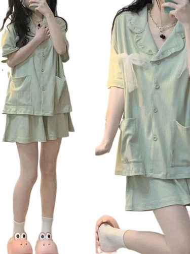 Японская летняя тонкая брендовая пижама, милый кардиган с бантиком, комплект, короткий рукав