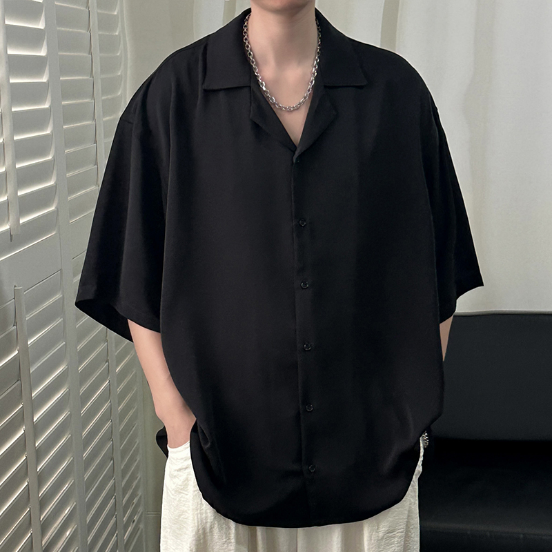 Cuban-Style Ice Silk Shirt for Men, Short-Sleeved, Summer, Men's Style, Beach Wear, Black Shirt, Top, Men's Clothing