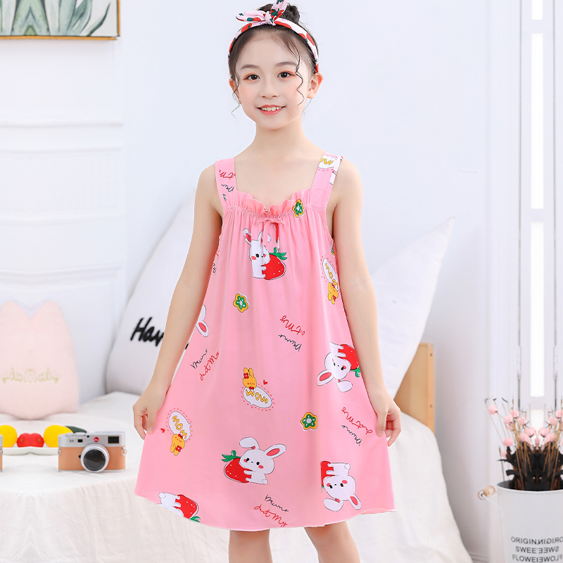 Children's nightgown, thin suspender princess dress, cotton silk pajamas, little girl's summer dress, cute girl's home clothes for middle-aged and older children