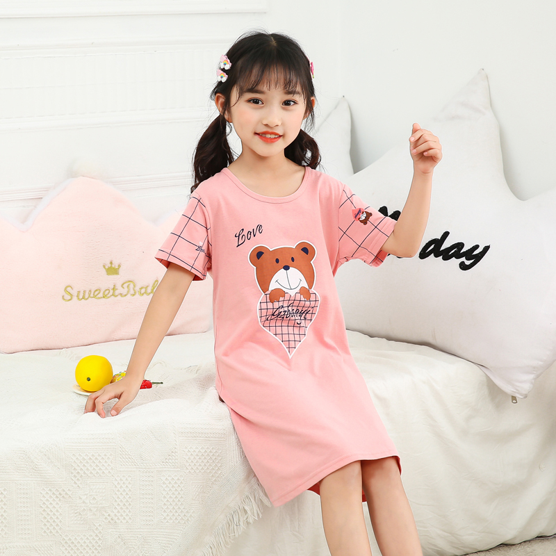 Girls' nightgown thin children's nightgown women's summer pure cotton short-sleeved parent-child mother-daughter home clothes medium and large children's skirt