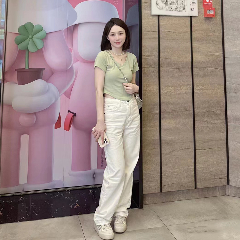 White Wide-Leg Drapey Floor-Length Jeans for Women 2024 New Summer Thin Style Height-Enhancing Slimming Petite Straight-Leg Pants