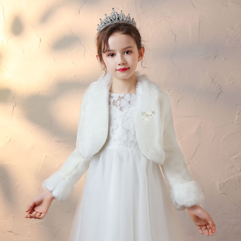 Children's shawl princess dress girl flower girl autumn and winter long-sleeved go out winter warm foreign style small fur coat white