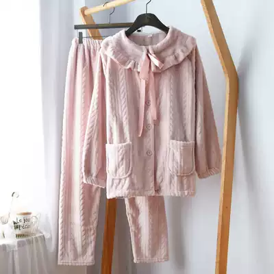 Hong Kong trendy brand Japanese sweet ins pajamas women's autumn and winter thickened warm flannel long-sleeved loungewear suit