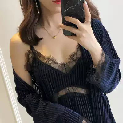 Hong Kong trendy brand ins women's spring, autumn and winter gold velvet pajamas nightgown suit sexy lace suspender nightgown home service