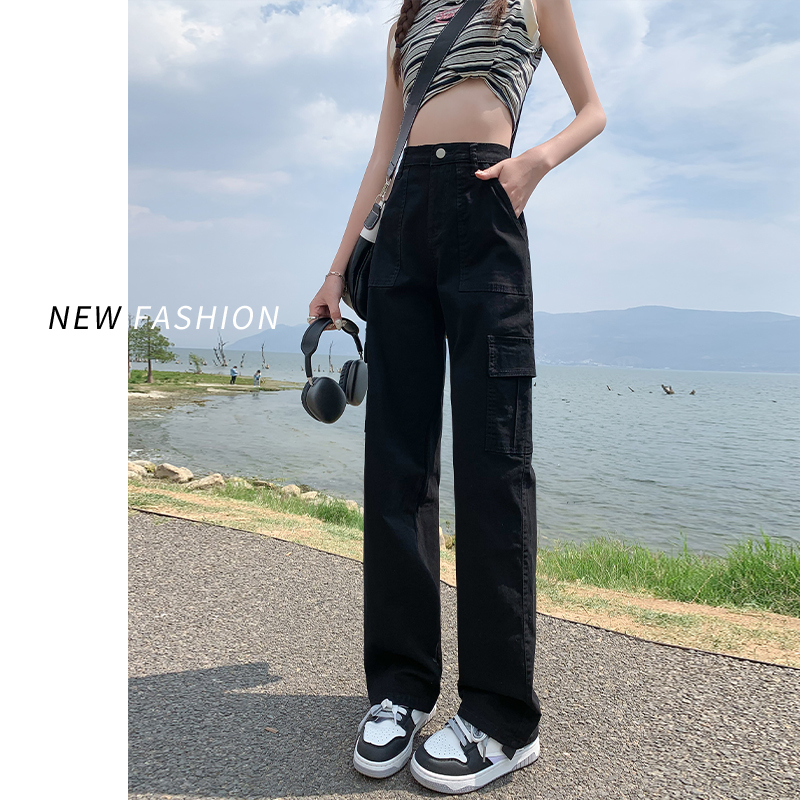 American-Style Straight Black Cargo Pants for Women, Summer 2026 New Model, Petite, Slimming, High-Waisted, Loose, Wide-Leg Casual Pants