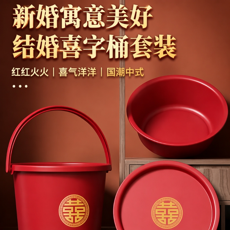 Red Buckets for Weddings and Housewarming Celebrations, a Pair of Dowry Red Water Buckets, Large Plastic子孙 Buckets, Large Red Basins