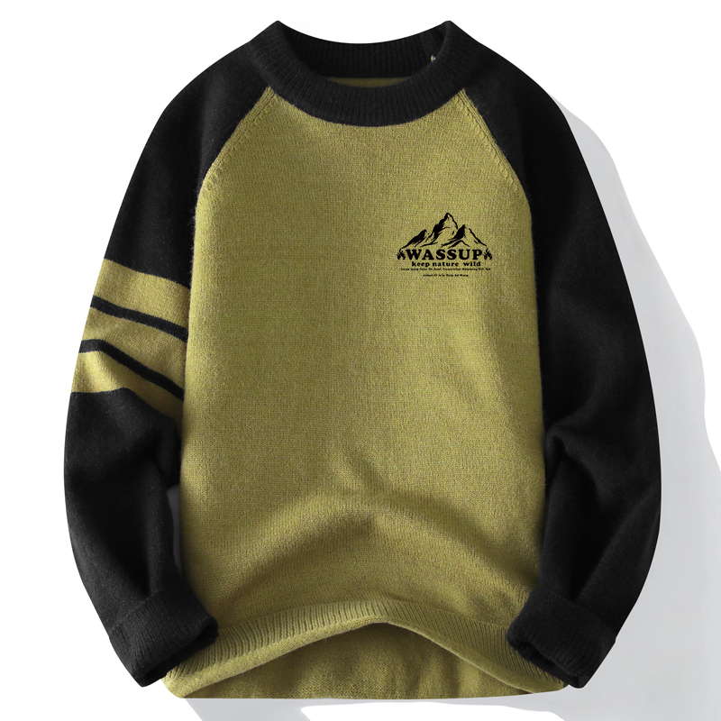 Color-Blocked Round-Neck Sweater for Men, Teenagers, and Students, Knitted Pullover for Spring and Autumn, Warm Base Layer Sweater