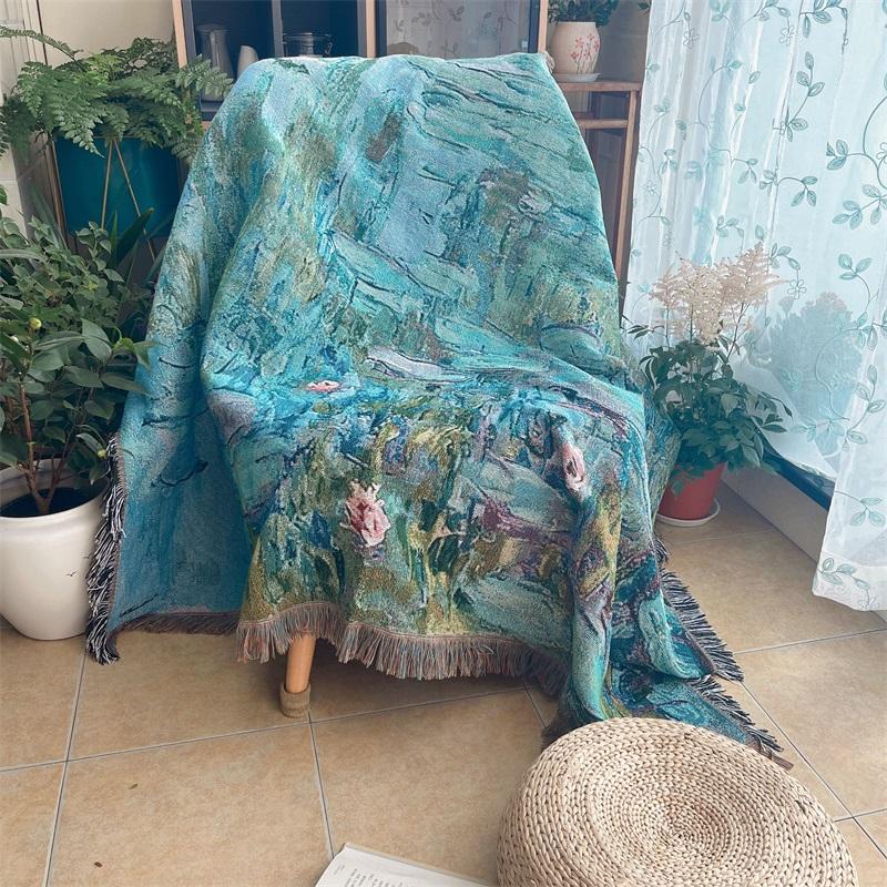 Impressionist Monet Water Lily Oil Painting Style Single Sofa Cushion Decorative Cover Cloth Small Blanket Retro Tapestry Background Cloth