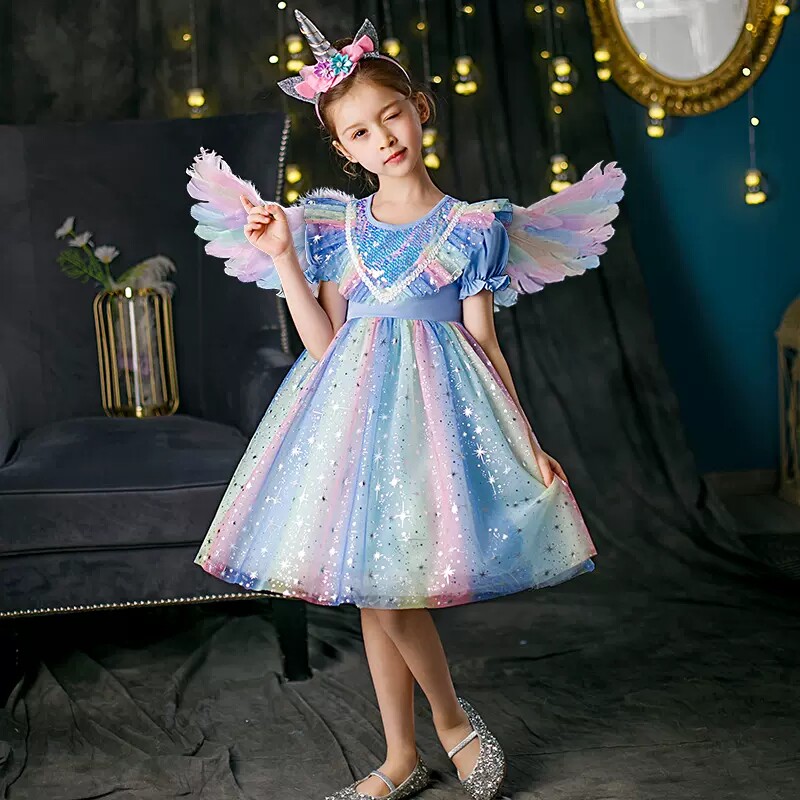 Girl Spring Summer New Angel Wings Rainbow Pure Cotton Dress Children Love Tha Princess Fluffy Dresses Dress