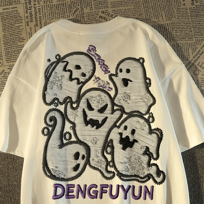 American-Style Trendy Street Brand Ghost Print Embroidered Short-Sleeve T-Shirt for Men and Women, Loose Fit, Pure Cotton, Oversized Top for Summer