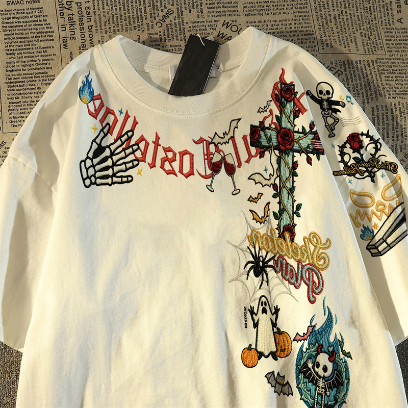 American Retro Style Faux Embroidery Skull Print Quirky Short-Sleeve Pure Cotton T-Shirt Unisex Trendy High Street Top