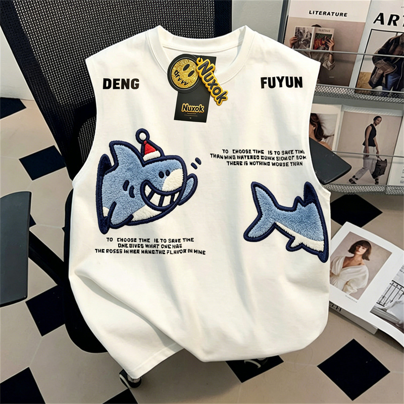 Nuxok American-Style Cartoon Shark Print Sleeveless Vest T-Shirt for Men and Women, Loose Trendy Brand Versatile Couple Pure Cotton Top