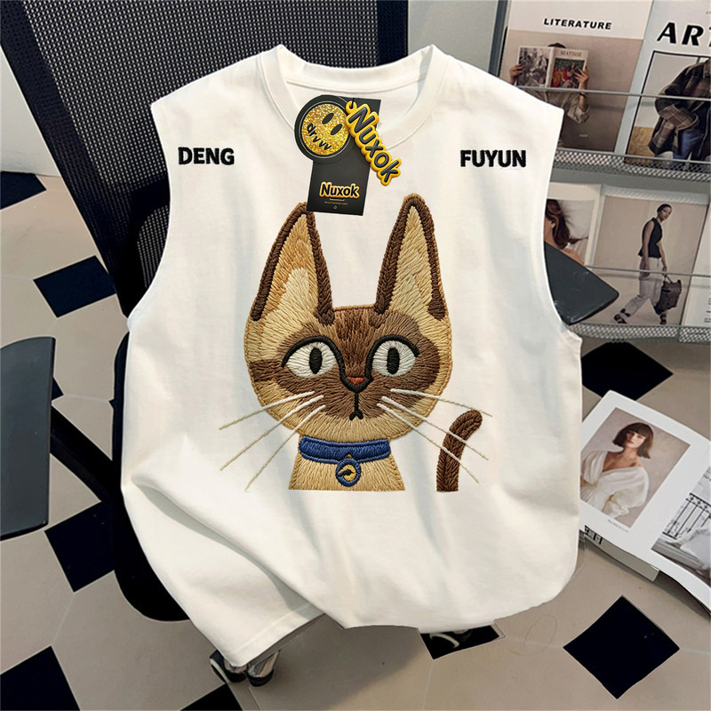 American-Style Cartoon Embroidered Cat Print Vest for Men and Women 2026 Summer Loose Pure Cotton Sleeveless T-Shirt Student Top American-Style Cartoon Embroidered Cat Print Vest for Men and Women 2026 Summer Loose Pure Cotton Sleeveless T-Shirt Student Top