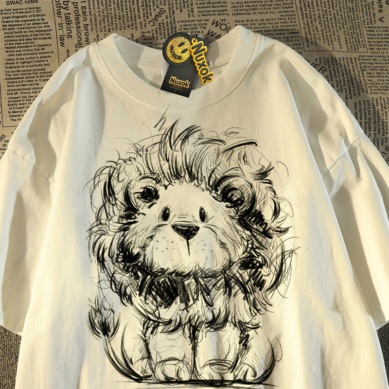 Japanese-Style Graffiti Line Drawing Lion Print Short-Sleeve T-Shirt for Men and Women, Couple's Loose-Fitting Versatile Fun Pure Cotton Top