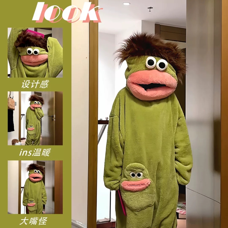 Big Mouth Monster Pajamas for Women, Winter Thickened Ugly Fish One-Piece Sleepwear, Warm Cartoon Quirky Wearable Outfit, Cute and Funny Homewear