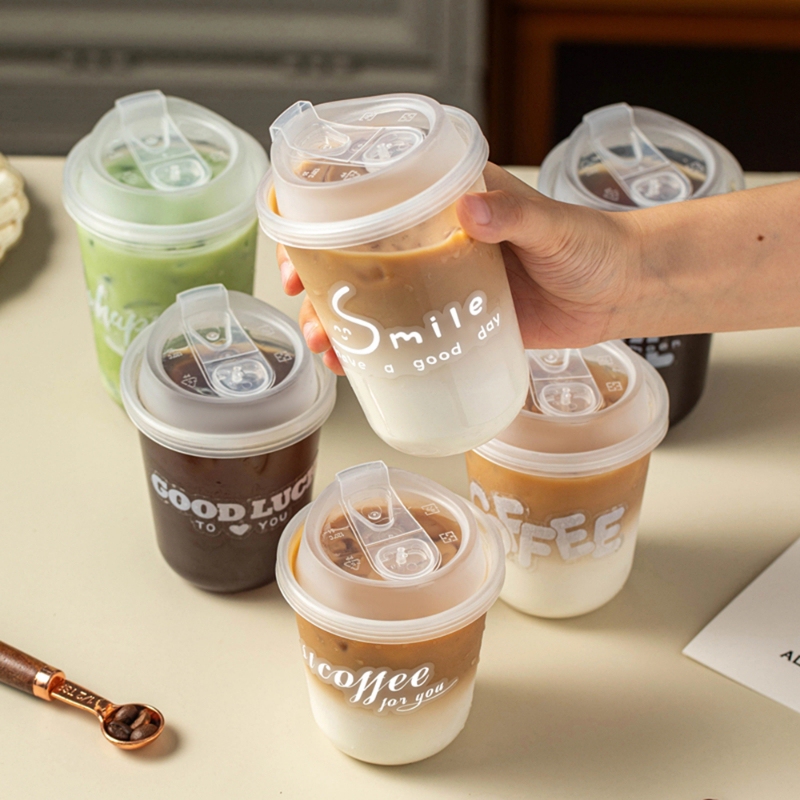 Disposable Coffee Cups, Milk Tea Cups with Lids, Plastic Cold Drink Containers for Takeout, Thickened Food-Grade Packaging