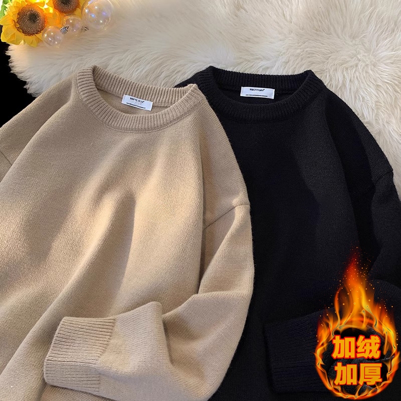 Autumn and Winter Men's Round-Neck Fleece-Lined Thickened Knit Sweater, Solid Color, Loose Fit, Casual Warm Top, Black Inner Layer Autumn and Winter Men's Round-Neck Fleece-Lined Thickened Knit Sweater, Solid Color, Loose Fit, Casual Warm Top, Black Inner Layer