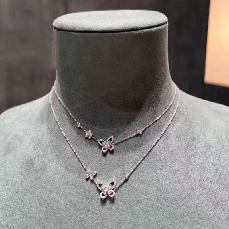 Sparkling Graf Necklace with Top-Grade Phantom Full Diamonds, Two Bowknots, Butterfly and Flower Design, Women's Diamond Small Butterfly Cross Pendant