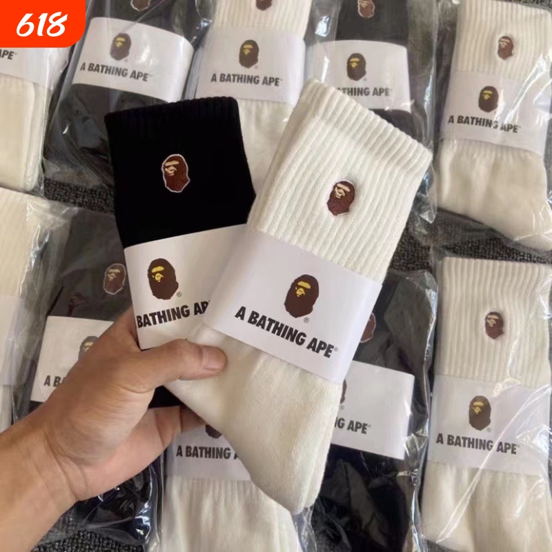 Bape Ape Head Japanese Trendy Brand Unisex Towel-Bottom High Tube Socks Wholesale Long Tube Mid-Tube White Socks