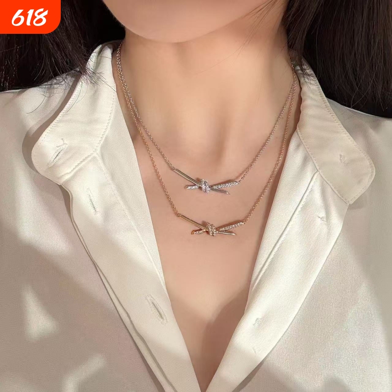 High-End Stress-Free Top-Quality Diamond-Encrusted Knot Necklace for Women, Cross Bowknot Clavicle Chain, Women's 925 Silver Rose Gold