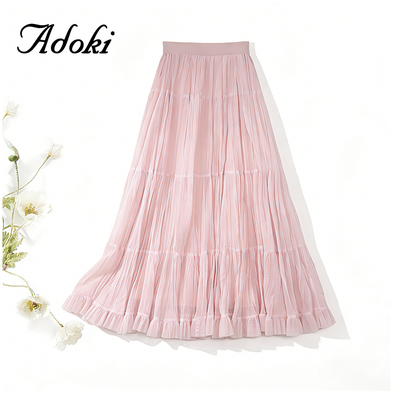 Adoki Original Design French Pleated Mesh Skirt Women's Long Skirt 2026 Spring and Summer A-Line Skirt # Q1700