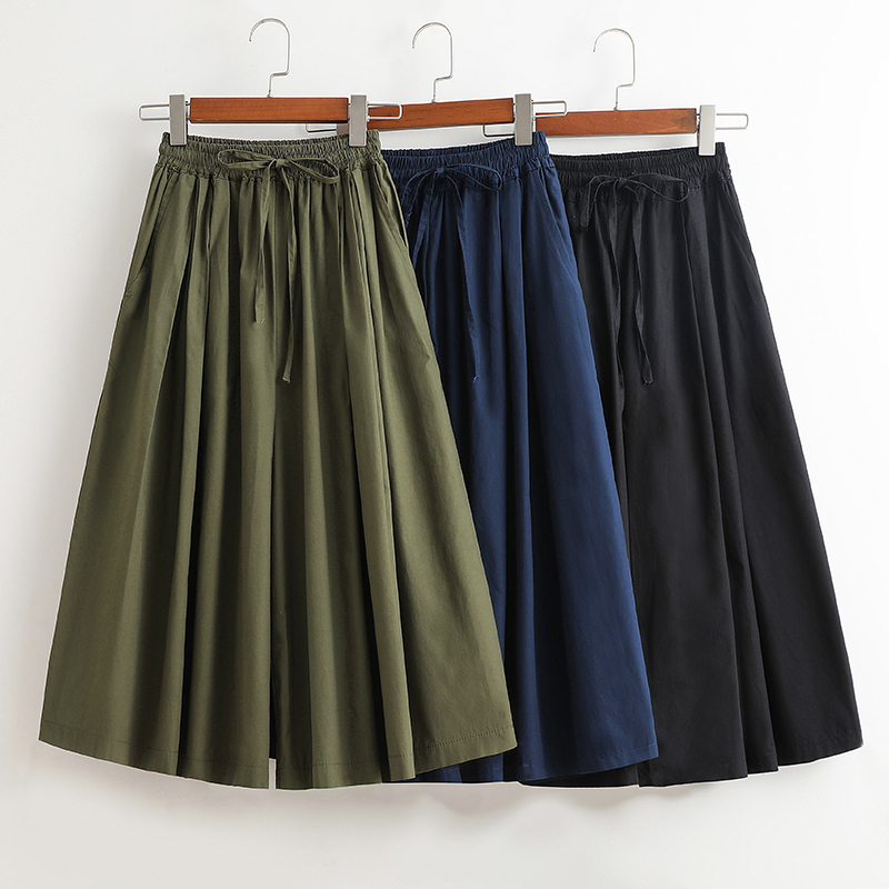 Plus Size Elastic Waist Three-Quarter Length Casual Pants Skirt for Women, Summer Loose Slimming Thin High-Waisted Wide-Leg Pants