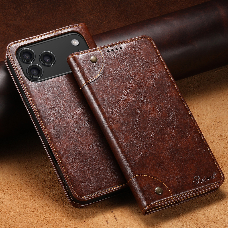 Suitable for Iphone17Promax Genuine Leather Phone Case 17Air Card Holder Stand Apple 16E Baroque Magnetic Suction 16 All-Inclusive Anti-Fall Protective Case 15Promax Men's Business 14Pro Accessible Luxury