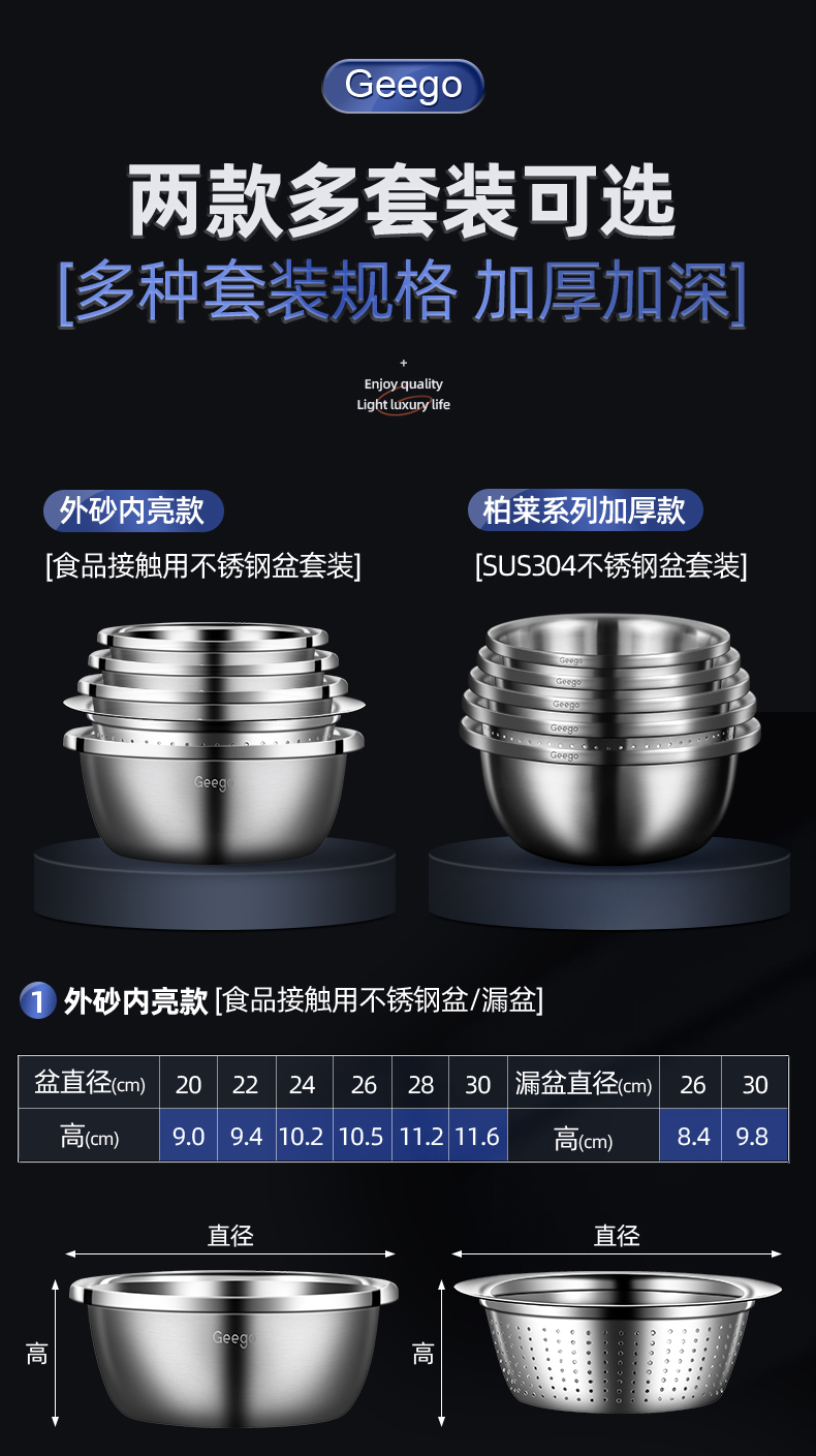 Geego食品级锈钢盆 4件套 含漏盆 图10