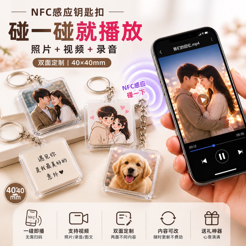 Nfc Picture Keychain, Touch to Play Graphics, Videos, and Audio Recordings, Birthday, Wedding, Holiday Commemorative Gift Pendant