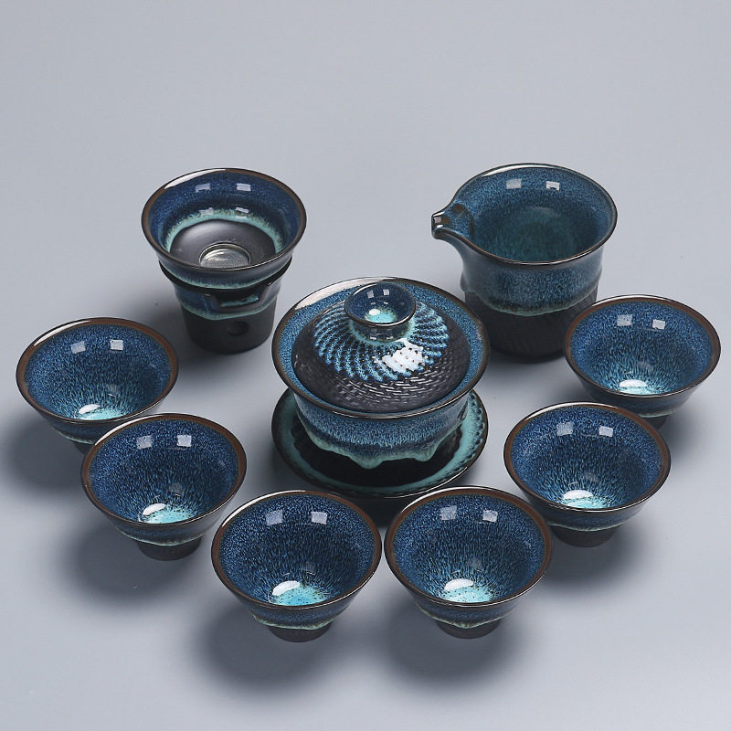 Lian Zong Jingdezhen Tianmu Glazed Jianzhan Kiln Transformed Jumping Knife Kung Fu Tea Set Ceramic Gift Customization