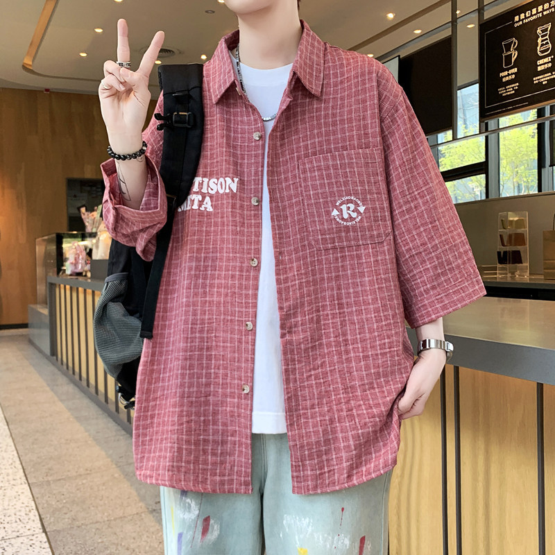 American-Style Three-Quarter Sleeve Plaid Short-Sleeved Shirt for Men, Summer Fashion Trend, Loose Letter-Printed Shirt, Casual Top American-Style Three-Quarter Sleeve Plaid Short-Sleeved Shirt for Men, Summer Fashion Trend, Loose Letter-Printed Shirt, Casual Top