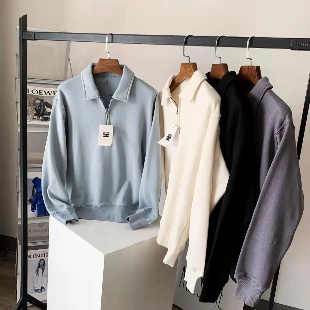 Spring and autumn Semi-laced upright collar jacket Heavy Pound Pure Color Sport Knit Long Sleeve Blouse Loose Half High Collar Male Tide