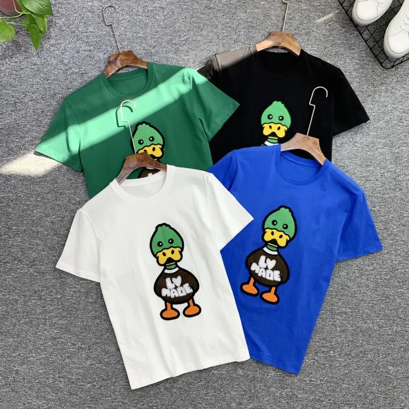 Fire Letter Duck Embroidery Short Sleeve Male Spring Summer New Round Collar Pure Cotton Loose Casual T-shirt Trend ins8678