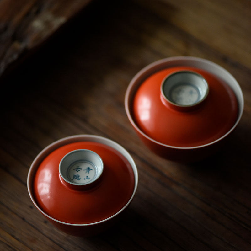 Jingdezhen Mi Yunzhai Ceramic Gaiwan Persimmon black tea bowl Antique glaze tea bowl painted gold coral red household large