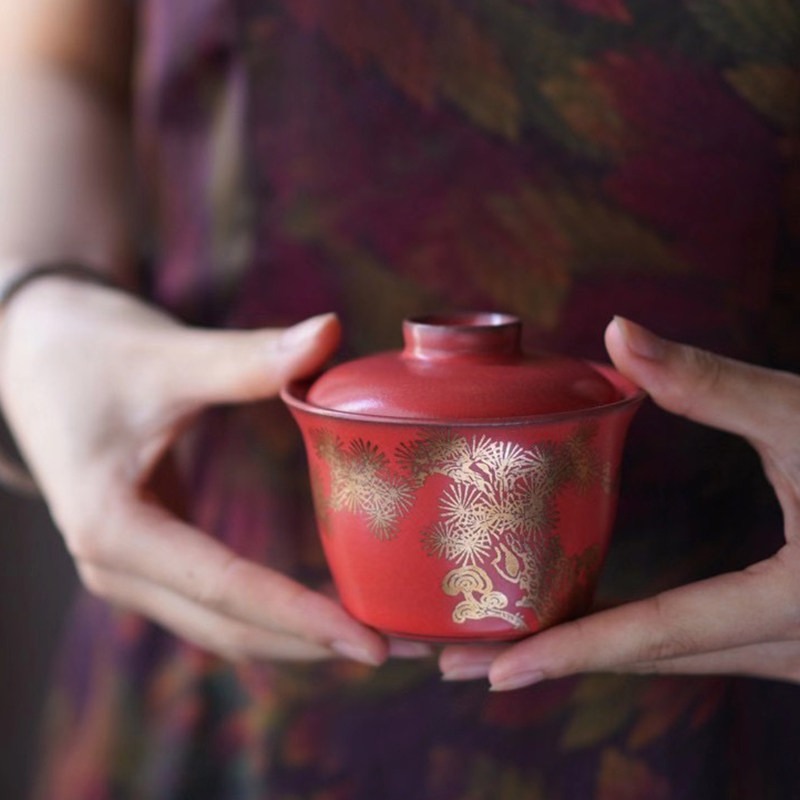 Sanskrit Tangshan Charred Gold Song Ceramics No-Care Cover Bowl China Wind Tea Bowl Home Tea Set Three Only Cover Bowl Tea Maker