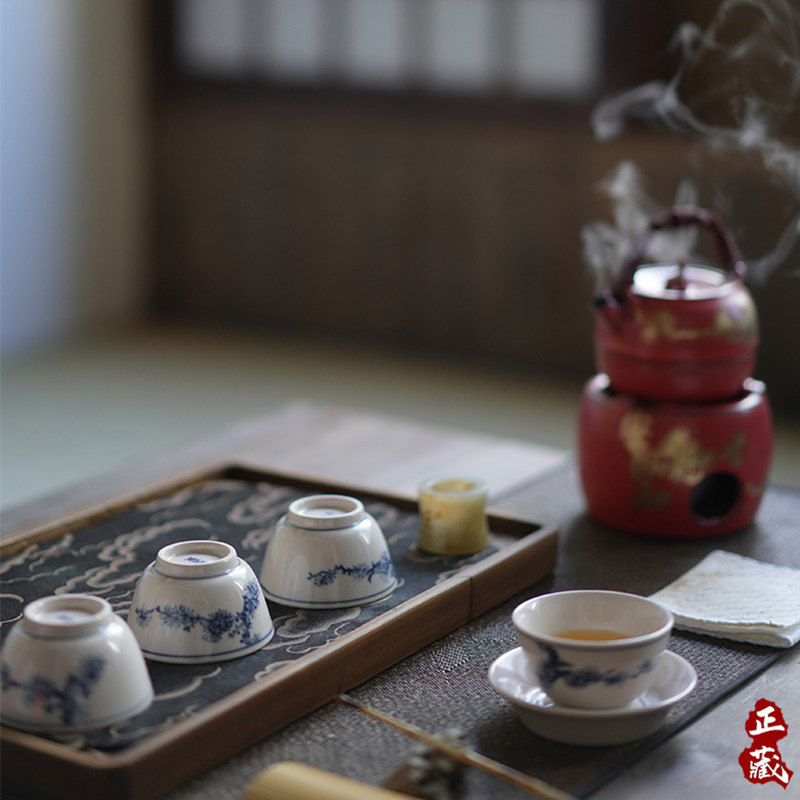 Van Sanshan Hall Soda glazed hand-painted green flower poetic tea cup tea cup tea bowl Gongfu tea with open sheet small tea cup single cup