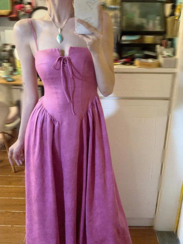 Xzy/Xinzhengyan Plus-Size Vacation Style Sexy Rose Red Spaghetti Strap Dress for Women, Summer Ruched Waist-Cinching Long Dress