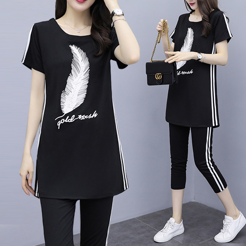 Large size sports and leisure suit 2023 new women's summer clothes fat sister looks thin women's clothes fat mm fashion two-piece suit