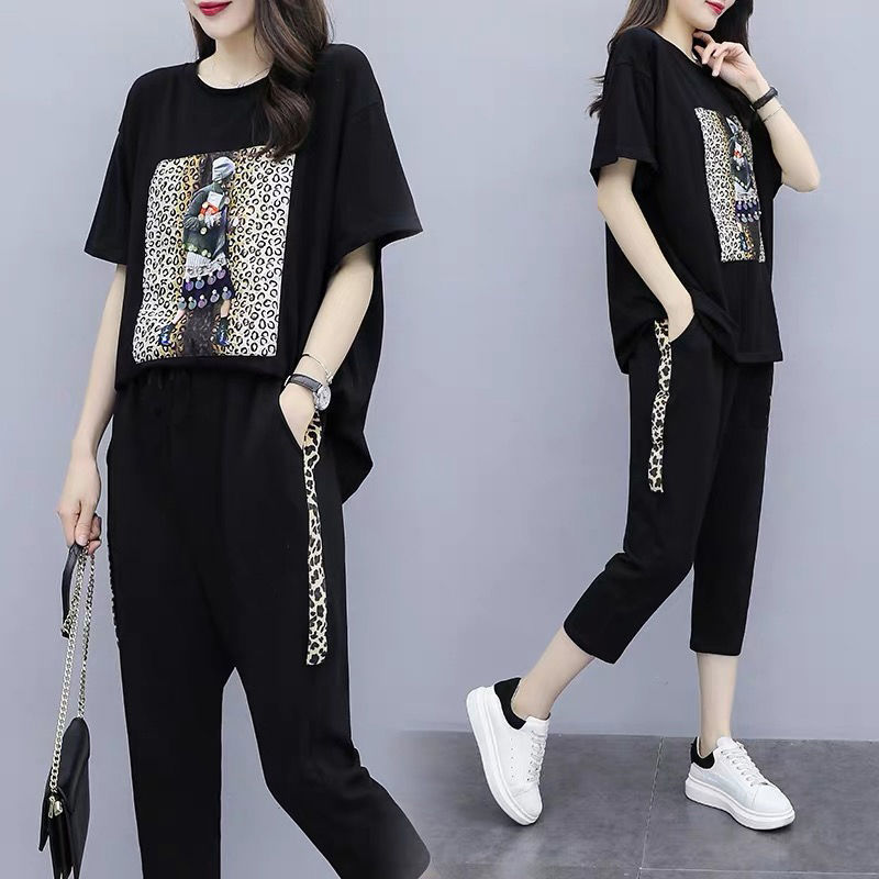 Fat sister slim suit large size 2022 summer shade fashion and age loose coat seven - piece sets