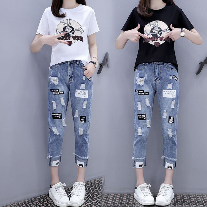 Large size women's dress 2022 Summer new trendy minus-age fat mm Slim Cover Tummy T-shirt Jeans Two-piece Style Suit