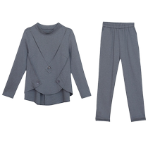2024 spring and autumn new trendy fat mm slimming belly-covering long-sleeved trousers plus size womens two-piece suit