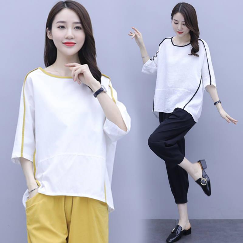 Big size women's dress Summer new fat mm Loose Fat Woman Veil slim fit T-shirt Seven Pants Two Sets Ebb